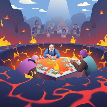 A heated battle is taking place in a volcanic arena surrounded by glowing lava flows and smoke rising from the ground. The arena is made of dark, rugged rock, with cracks emitting orange and red hues from the molten lava underneath. In the center of the arena, a large table is set up, where players are intensely focused on their card decks. The cards are ablaze, with flames dancing along their edges, displaying vibrant artwork that reflects the heat of the battle. Spectators can be seen in the background, their faces illuminated by the fire, creating an atmosphere of excitement and tension. The sky overhead is filled with dark clouds and sporadic bursts of flame lighting up the scene.