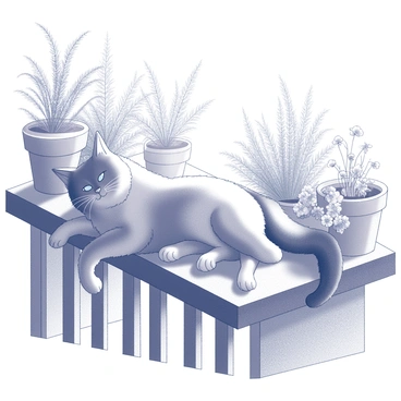 A cat with a fluffy coat is lounging on a balcony. The cat is sprawled comfortably on a wooden railing. The balcony is filled with several potted plants, including ferns and small flowers, arranged around the space. Sunlight casts gentle shadows, highlighting the cat's relaxed posture and the textures of the plants. The scene captures a tranquil moment of the cat resting in this vibrant environment.
