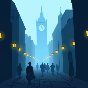 A foggy Victorian street with cobblestone paving and tall, ornate buildings lining the sides. Dimly lit gas lamps cast a warm glow, illuminating patches of the fog. Shadowy figures in period clothing roam the street, partially obscured by the mist. The atmosphere is thick with fog, creating a moody ambiance. In the background, a silhouette of a grand clock tower looms, partially hidden by the swirling fog.