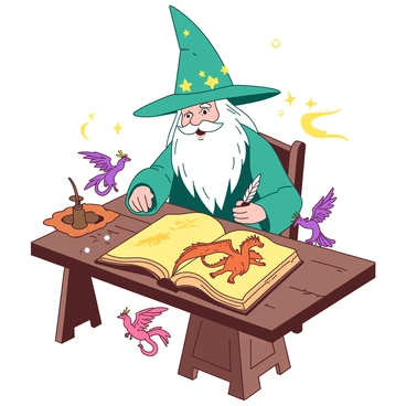 A teal cartoon wizard with a long white beard is seated at an ornate wooden table. The wizard is wearing a pointed hat adorned with stars and moons. In front of him, there is an open ancient spellbook with yellow pages, filled with detailed illustrations of various magical creatures. The wizard is using a feather quill to draw a vibrant orange dragon, its wings spread wide in flight. Nearby, there are other magical creatures visible in the spellbook, including a pink unicorn and a purple phoenix, each illustrated in dynamic poses. The scene is illuminated by glowing orbs of light floating around the table.