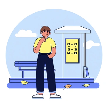 A person standing at a bus stop, wearing a light yellow t-shirt and dark jeans. They have short brown hair and a focused expression. The individual is biting their nails with their left hand while their right hand holds onto the edge of the bus stop bench. The bus stop has a simple design with a small shelter and a timetable displayed on a poster. A few leaves are scattered on the ground, indicating a light breeze. The background features a clear blue sky with a few fluffy clouds.