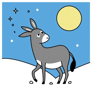 A donkey standing on a grassy hill, looking up at a large, bright full moon in a clear night sky. The moon illuminates the donkey's fur, highlighting its features. Stars twinkle in the dark blue sky, creating a tranquil atmosphere. The donkey has its ears perked up, and its eyes are wide, reflecting the moonlight. The landscape is simple, with gentle slopes and a few scattered rocks beneath the donkey's hooves.