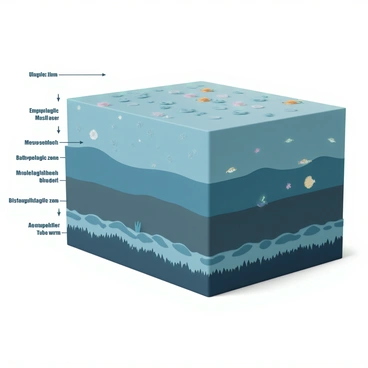 A cross-section view of the ocean layers, beginning with the "epipelagic zone" at the surface, where sunlight penetrates and small fish swim among vibrant coral reefs. Below, in the "mesopelagic zone," schools of fish and bioluminescent jellyfish float in darker waters. Deeper still is the "bathypelagic zone," featuring larger fish and occasional squid moving through the depths. At the bottom lies the "abyssopelagic zone," where strange and unique creatures like anglerfish and tube worms thrive near hydrothermal vents. Each layer showcases the distinct colors, textures, and marine life characteristic of its environment, with clear demarcations between zones.