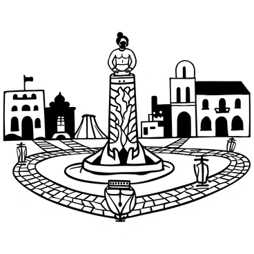 A towering statue of a Balrog in the center of an ancient city square