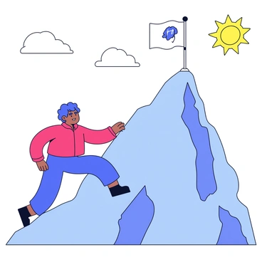 A person wearing a bright red jacket is climbing a steep mountain with rocky terrain. The individual is reaching out towards a flag that is planted firmly at the peak of the mountain. The flag is white with a blue emblem that represents personal goals. The climber's expression reflects determination as they focus on the flag. The sky above is clear, and the sun is shining down on the scene, casting shadows on the mountain's surface.