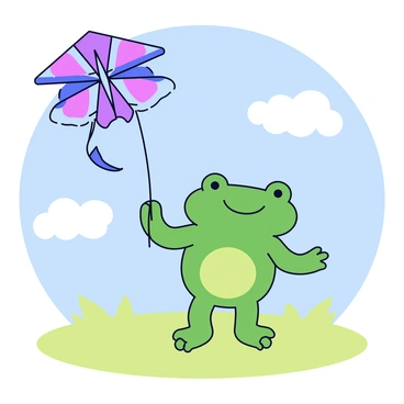 A green frog has a wide smile while holding onto a string. The frog is standing in an open field, surrounded by soft grass. Above the frog, a colorful kite shaped like a dragonfly is soaring in the blue sky. The dragonfly kite has vibrant purple and blue wings, and its tail is flowing in the wind. A few fluffy white clouds float in the sky, adding to the cheerful atmosphere of the scene.