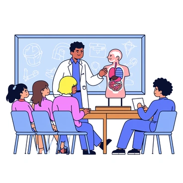 A doctor standing in front of a group of medical students, pointing at a detailed human anatomy model. The model is displayed on a wooden table, showcasing various organs and systems in vibrant colors. The doctor is wearing a white coat and has short hair, while the students are seated on chairs, attentively looking at the model and taking notes. The room has a chalkboard in the background with medical diagrams drawn on it.
