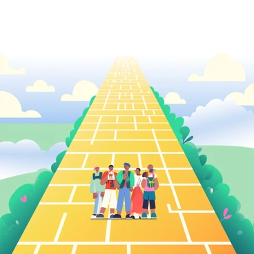 A road paved with shiny gold bricks stretches across the landscape, disappearing into a sea of fluffy white clouds above. The sky is a bright, soft blue, creating a striking contrast with the golden path. At the end of the road, several travelers of diverse backgrounds stand in a small group, looking up with puzzled expressions. They are dressed in a variety of clothing styles, including a man in a green jacket and a woman in a flowing red dress. The edges of the road are lined with vibrant green grass, and a few wildflowers are scattered along the sides. The overall atmosphere suggests a sense of mystery and wonder as the travelers contemplate the vanishing point of their journey.