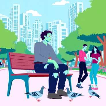 Frankenstein's monster, a large figure with green skin, sewn-together scars, and wild black hair, is sitting on a wooden bench in a bustling city park. He is wearing tattered dark pants and a grey shirt, appearing at ease with his posture slouched and hands resting on his knees. Around him, people walk by, including children playing and couples chatting, with bright green trees and colorful flower beds in the background. A group of pigeons is gathered nearby, pecking at crumbs left by park visitors. The sky above is clear blue, with a few fluffy white clouds drifting lazily.