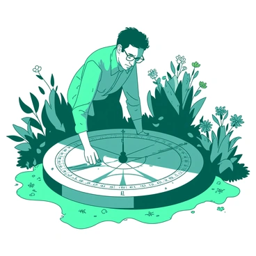 A teal professor with glasses is bending over a large, intricate sundial in his garden. The sundial has ornate engravings and is surrounded by lush green grass. The sunlight is shining brightly, casting intricate shadows of the sundial's gnomon on the ground. Various colorful flowers bloom around the sundial, adding to the vibrant scene. The professor is focused on adjusting the sundial’s position, with a look of concentration on his face.