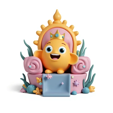 A cartoon fish, with bright colors and exaggerated features, wearing a shiny gold crown adorned with jewels. The fish is sitting proudly on a majestic throne made of vibrant coral, surrounded by various seaweed and small colorful marine creatures. The throne is embellished with intricate coral patterns, and the fish has a big, cheerful smile as it surveys its underwater kingdom.