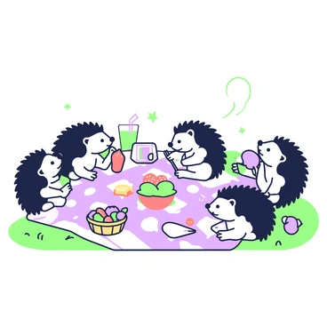 A group of hedgehogs is gathered on a checkered picnic blanket spread out on the grass. Each hedgehog has distinct features, with varying sizes and spiky quills. Some are nibbling on colorful fruits like strawberries and grapes, while others are enjoying slices of cheese. A small basket filled with more fruits is placed at one corner of the blanket. One hedgehog is holding a tiny fork, trying to poke a piece of cheese, while another is playfully rolling a grape towards its friend. Nearby, a drink container is placed, with some hedgehogs drinking from small cups. The scene captures the joyful atmosphere of their picnic party.