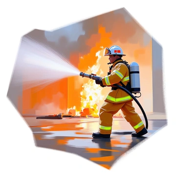 A brave firefighter with dark skin, wearing a helmet and protective gear, is battling raging flames while holding a powerful hose. The firefighter is positioned confidently, with water spraying out from the nozzle of the hose, creating a mist around them. In the background, a building is engulfed in intense fire, with flames and smoke billowing upwards against the night sky. The scene captures the urgency and bravery of the firefighter in the face of the fire.