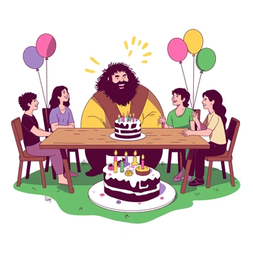 Hagrid is sitting at a large wooden table outdoors, surrounded by his friends, who are smiling and chatting. He is a giant of a man with wild, untamed hair and a bushy beard, wearing his usual rugged attire. In front of him, there is a massive, colorful cake, adorned with bright candles and an assortment of edible decorations. The cake is placed on a large, white plate that contrasts with the green grass beneath it. Balloons in various colors are tied to the back of the chairs, adding a festive atmosphere. The sun is shining down, illuminating the joyful gathering.