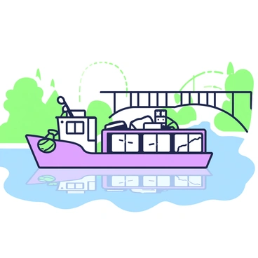 A ferry is navigating through a canal. The ferry features several onboard tanks specifically designed for transporting fish, which are clearly visible through the transparent panels. The water in the canal is calm, reflecting the structure of the ferry and the surrounding banks. The ferry is equipped with nets and other fishing equipment, indicating its specialized function. In the background, there are trees lining the canal, and a small bridge arches over the water.