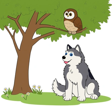 A fluffy husky with thick gray and white fur is sitting on a patch of grass beneath a large, leafy tree. Its bright blue eyes are focused on a wise-looking owl perched on a low branch above. The owl has a mottled brown and white feather pattern, with big round eyes that watch the husky curiously. Sunlight filters through the tree's leaves, casting playful shadows on the ground. The husky has its tongue out, creating an expression of joy, while the owl appears calm and serene. Little daisies grow around the base of the tree, completing the peaceful scene.