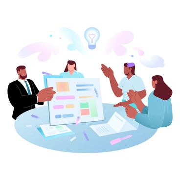 A team of diverse professionals is gathered around a large business model canvas spread out on a table. The individuals represent various backgrounds, including a man in a tailored suit, a woman in a bright blouse, and a person with colorful hair and casual attire. They are actively engaged, gesturing towards the canvas filled with colorful notes and sketches. Several markers are scattered around the table, and a laptop is open beside them. Above the team, light bulbs are illustrated, symbolizing the generation of ideas.
