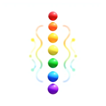A 3D icon depicting the chakras aligned along the spine. Each chakra is represented as a glowing sphere in distinct colors: red at the base, orange, yellow, green, blue, indigo, and violet at the crown. Energy is illustrated as shimmering waves flowing vertically along the spine, connecting each chakra, creating a visual representation of vitality and harmony. The background is neutral to enhance the visibility of the colorful chakras and the flowing energy.