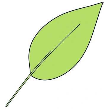 A single leaf with a smooth, elongated shape, gently floating through the air. The leaf is depicted in a vibrant green color, with minimal lines outlining its edges. The background is plain, emphasizing the simplicity of the leaf's delicate movement.