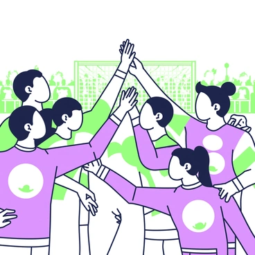 A close-up of a sports team huddling together before a game. The players are wearing matching uniforms in a vibrant pattern, with their logos visible on the front. Their hands are raised in the center, fingers interlocked, symbolizing unity. The determination on their faces is evident as they focus on their shared goal. The background shows the blurred outline of a sports field, with goalposts and a cheering crowd visible in the distance.