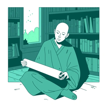 A teal monk with a shaved head is sitting cross-legged on a wooden floor in a quiet monastery library. He is holding a large, rolled-up scroll in his hands, studying it intently. Surrounding him are tall shelves filled with various ancient books, their spines worn and faded. Soft light filters through a small window, illuminating the dust particles in the air and casting gentle shadows on the walls. The atmosphere is calm and serene, emphasizing the monk's focused expression as he immerses himself in the text.