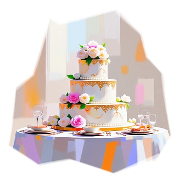 A multi-tiered wedding cake with three distinct layers, each adorned with intricate Indian motifs such as paisleys and floral patterns. The bottom tier is elegantly draped in white fondant with gold accents, the middle tier features vibrant red and green designs, and the top tier is decorated with delicate white icing flowers. Fresh flowers, including roses and jasmine, are artfully arranged around the cake, adding a touch of color and elegance. The cake is positioned on a beautifully set table with subtle decorations in soft lighting, enhancing its grandeur.