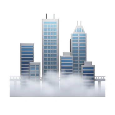 A cityscape featuring tall skyscrapers that are partially obscured by thick fog. The buildings have reflective glass façades that are muted by the fog, creating a mysterious atmosphere. Various architectural styles are represented among the skyscrapers, showcasing modern designs. The ground is missing details due to the fog, enhancing the sense of depth and distance in the scene. A faint silhouette of a bridge can be seen in the background, further emphasizing the urban environment. The color palette consists of grays and whites, with hints of the buildings' colors barely breaking through the fog.