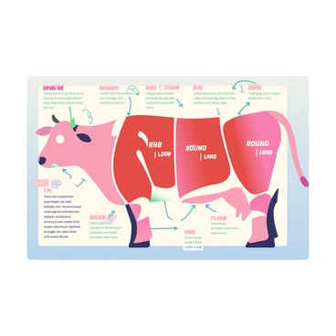 A detailed butcher chart is displayed prominently, featuring an illustration of a whole cow divided into various cuts of beef. Each section is clearly labeled with precise names, including "Chuck," "Brisket," "Rib," "Loin," "Round," and "Flank." The cuts are represented in a variety of colors to distinguish them from one another, with shading that enhances the contours of the beef sections. There are arrows pointing towards each specific cut, and a legend is included at the bottom left corner, providing descriptions of each cut's characteristics. The background is a soft color that complements the vibrant details of the cuts.