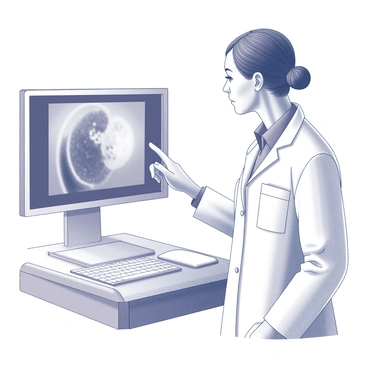 An ultrasound technician stands next to a medical monitor displaying an image of a breast abscess. The technician is wearing a white lab coat and has a focused expression, indicating attention to detail. The monitor shows a clear, monochrome scan of the abscess, with specific features highlighted for analysis. The room is equipped with medical instruments and a sterile environment, emphasizing the clinical setting. The technician’s hand is gently pointing towards the image on the monitor, guiding a patient or colleague through the findings.