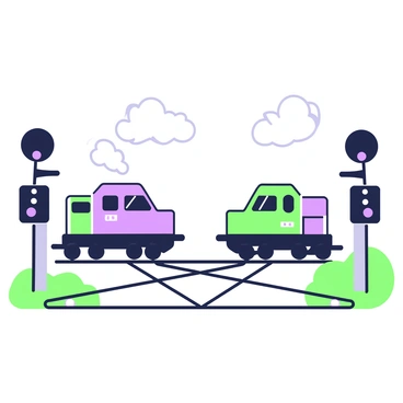 A railway crossing is depicted with two tracks converging at the intersection. On the left track, a train with the label "Double" approaches, featuring a bold, streamlined design. On the right track, a train labeled "Jeopardy" comes into view, showcasing a slightly different shape and color scheme. The crossing gates are down, signaling the oncoming trains. A clear sky is visible overhead, and the scene captures the moment before the trains reach the crossing.
