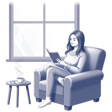 A woman sitting in a cozy chair, positioned next to a large window. She has long hair cascading over her shoulders and is wearing a comfortable sweater. The chair features plush cushioning and has a rounded backrest. The window allows soft light to filter in, illuminating the pages of the book she is holding. The woman has a focused expression, deeply engrossed in her reading. A small side table next to her holds a steaming cup of tea and a pair of reading glasses. The scene conveys a sense of warmth and tranquility.