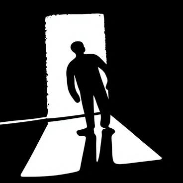 A silhouette of a person standing in a dark corner, with a stark outline defining their shape. A light source is positioned behind the person, casting a long shadow against the wall. The wall has a textured surface, enhancing the contrast between the shadow and the silhouette. The corner appears empty, emphasizing the solitary figure.