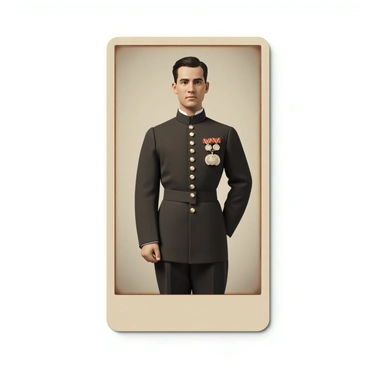 A carte de visite featuring a soldier standing proudly in a sharp military uniform. The uniform is adorned with various medals, indicating honors and achievements. The soldier has a clean-cut hairstyle and a serious expression. The background is neutral, ensuring the focus remains on the soldier's attire and the details of the medals. The photograph has a vintage feel, reflecting the historical context of the carte de visite format.