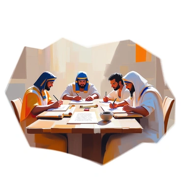 A group of ancient scribes from different civilizations are seated around a large wooden table, each focused on their work. One scribe, dressed in traditional Egyptian linen, is inscribing hieroglyphs on a papyrus scroll using a reed pen. Another scribe, wearing a tunic typical of ancient Greece, writes in Greek on a parchment with a stylus. A third scribe, clad in robes from Mesopotamia, meticulously carves cuneiform symbols into a clay tablet. The table is scattered with scrolls, ink pots, and writing instruments, creating a rich tapestry of cultural heritage and language. The ambient light highlights their concentration and the intricacies of their respective scripts.