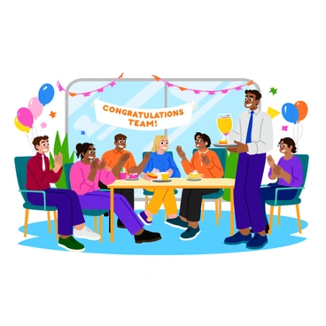 A manager standing at the front of a small office decorated with colorful balloons and streamers for a celebration. The manager is smiling and holding a tray of sliced cake while a group of diverse team members sits around a table, clapping and cheering. Some team members hold cups of beverages, while others have plates with snacks. The office has a cheerful atmosphere, with a banner in the background reading "Congratulations Team!" and a large window allowing sunlight to stream in.