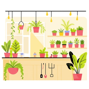 A cozy plant shop filled with various potted plants and hanging greenery under soft lighting.