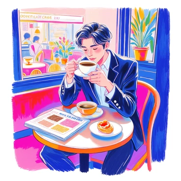 A man with short black hair and wearing a dark suit is sitting at a small round table in a cozy cafe. He is holding a white cup of coffee with both hands, bringing it close to his lips as he takes a sip. On the table, there is an open newspaper with bold headlines visible. The cafe has warm lighting, wooden furnishings, and plants in the background, creating an inviting atmosphere. A pastry sits on a small plate beside the coffee cup.