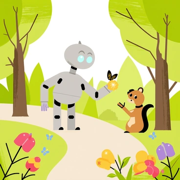 A silver robot with rounded edges and glowing blue eyes is exploring a lush green forest. The robot stands on a path surrounded by tall trees with thick trunks and vibrant green leaves. Colorful flowers in shades of red, yellow, and purple are blooming along the path. A curious squirrel with a bushy tail watches the robot from a nearby branch. Butterflies with intricate patterns are fluttering around the flowers. The sunlight filters through the leaves, creating dappled patterns on the forest floor. The robot appears to be reaching out towards a bright yellow flower, demonstrating its curiosity about the surrounding plants and animals.