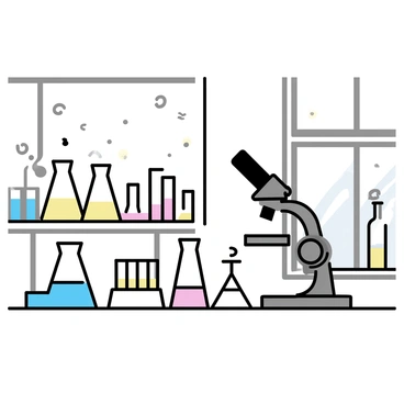 An air purifier, designed in a sleek, modern style, is situated on a table in a science lab. The table is cluttered with various glass beakers filled with colorful liquids, each resting on a white surface. A microscope, with a metallic finish, is placed next to the beakers, ready for use. The lab has white walls and a large window allowing soft light to illuminate the workspace.