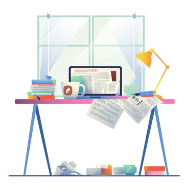 A newspaper editor's desk is cluttered with scattered papers featuring headlines and articles. In the center, there is a steaming cup of coffee with a ceramic design. A laptop sits open, displaying a partially completed article, with a blue pen resting on the keyboard. Nearby, a small stack of books is balanced precariously, and a brass desk lamp illuminates the workspace. The floor beneath the desk is lined with crumpled papers and a few red and blue folders. A window with sheer curtains allows soft light to filter through, casting gentle shadows on the desk.