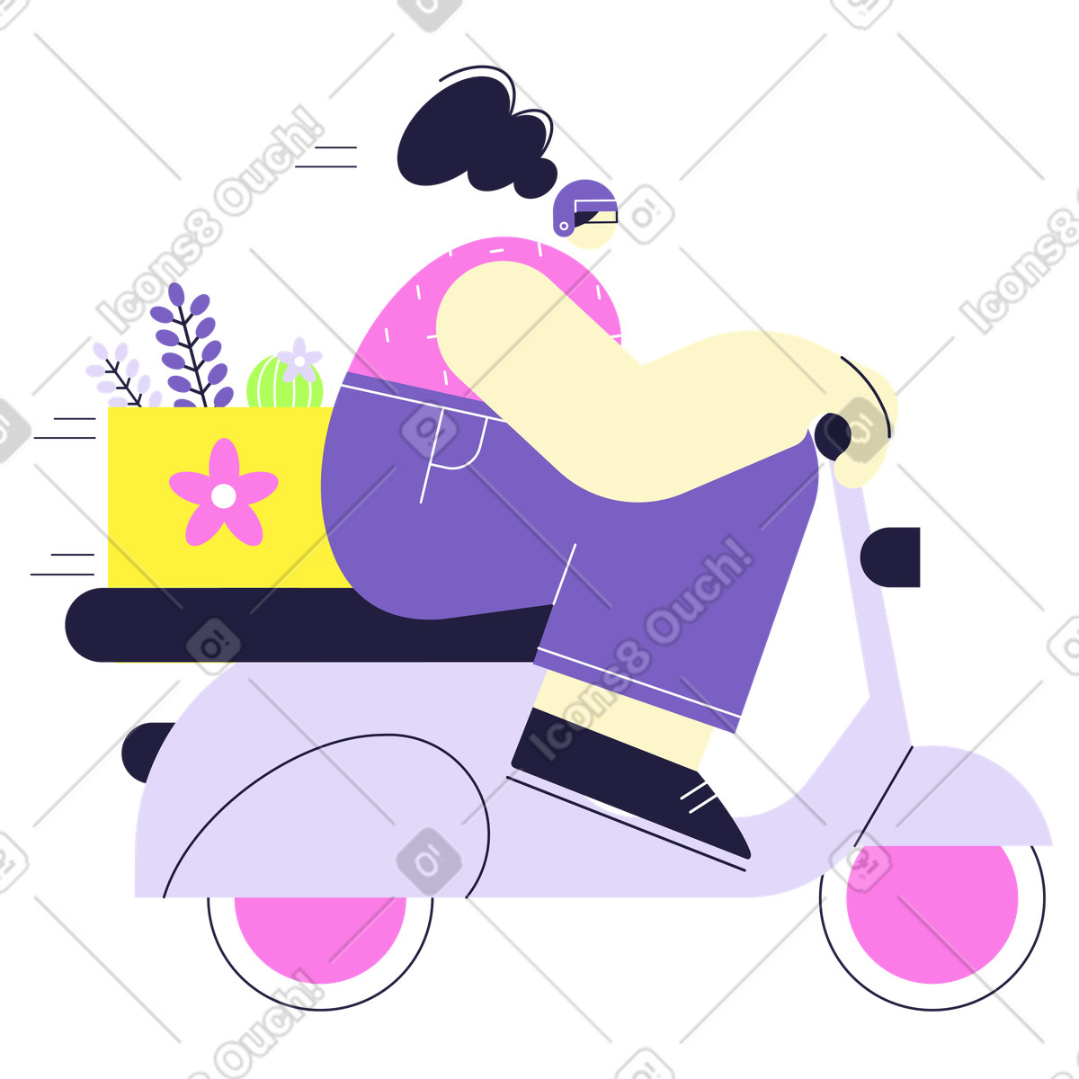 Ilustración Mujer entregando flores en vespa estilo Mellow a descargar PNG y SVG
