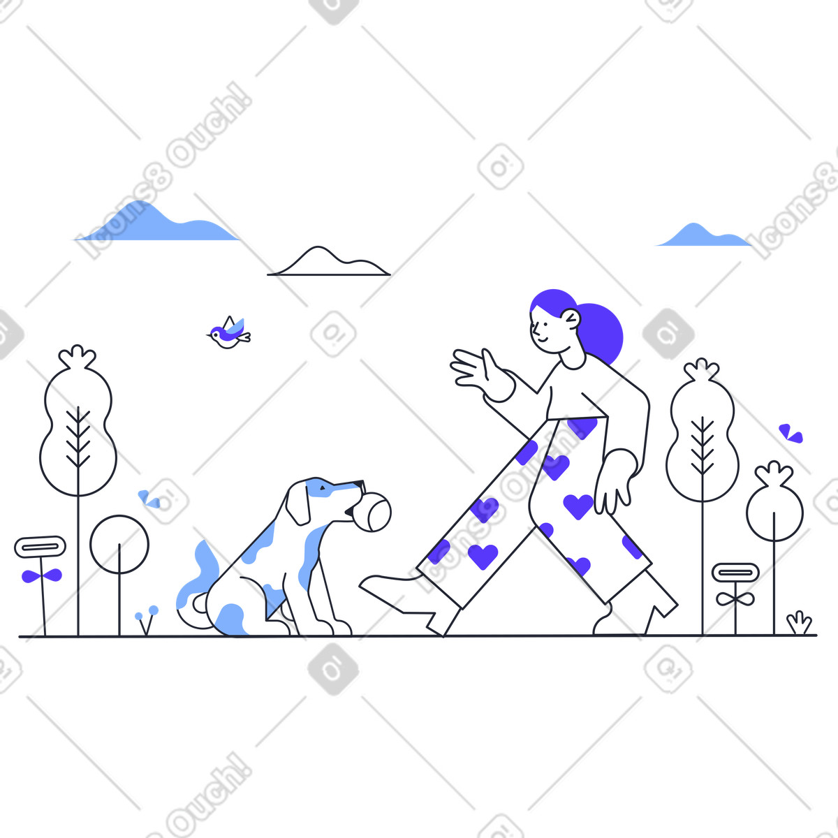 Pet owner playing fetch with dog in park, Outdoor recreation and activity illustration Pablita style download PNG, SVG