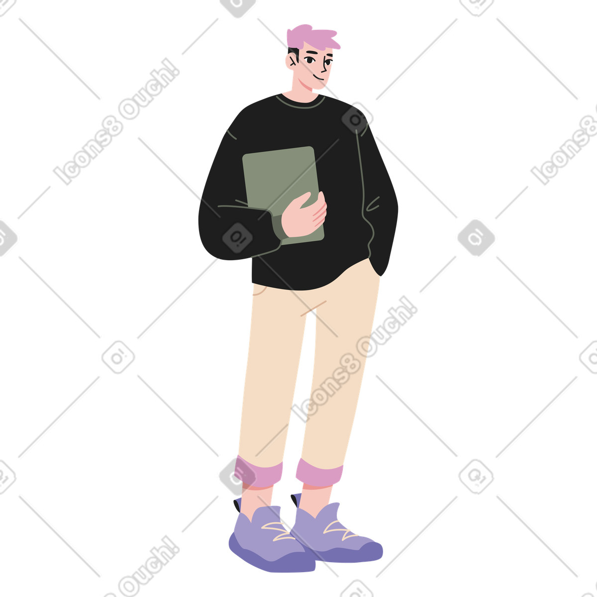 Junger mann, der mit einem tablet steht-Illustration im Experimental-Stil als Download in PNG, SVG