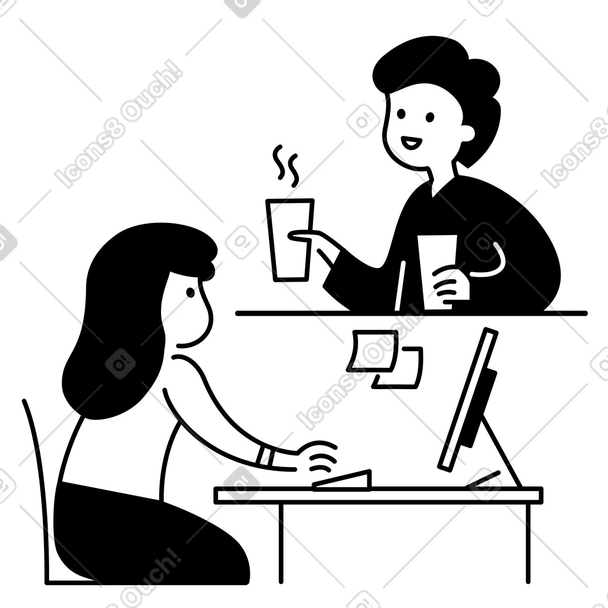 下载 Notion Line Art 风格的 Coworkers sharing coffee cups at desk with computer monitor 插画，支持 PNG、SVG 格式