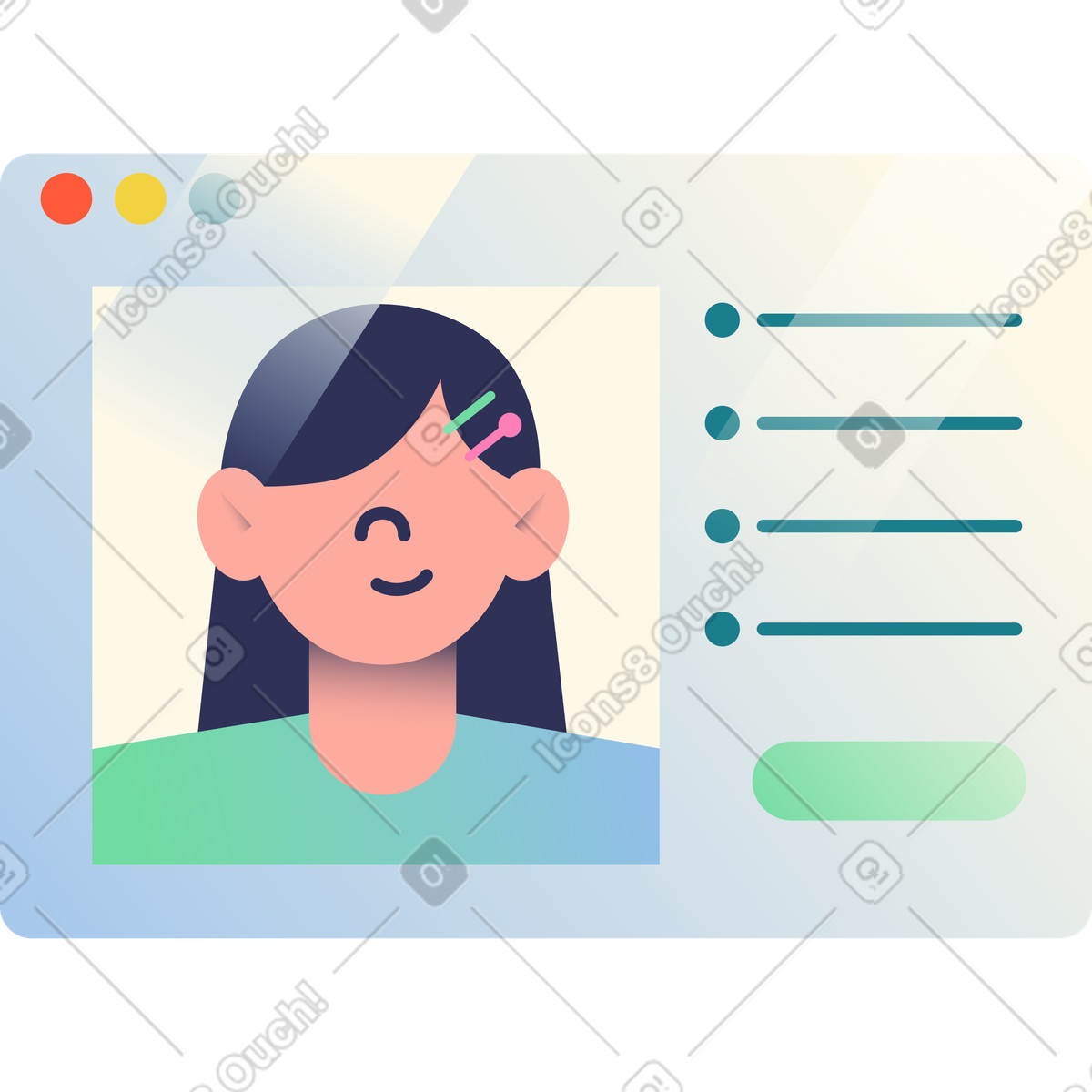 Window with a woman's resume illustration in PNG, SVG