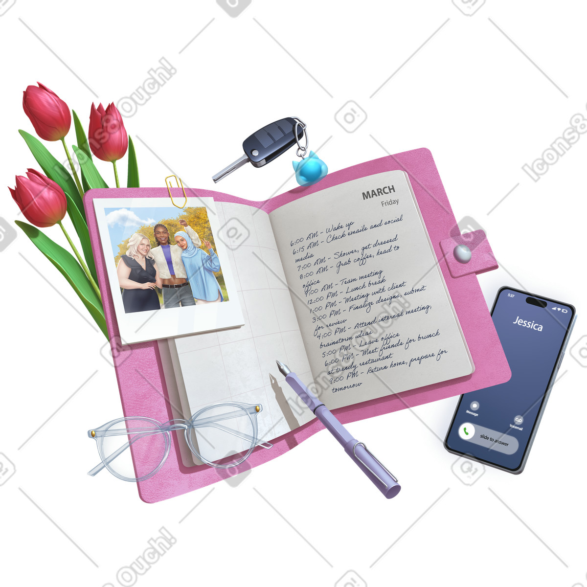 Ilustración Businesswoman's essentials, writing in a planner en estilo Props descargar en PNG y SVG