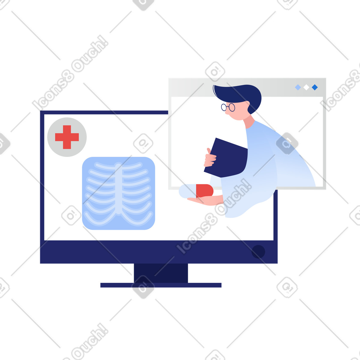 Ilustração de Monitor computador para consulta médica online em no estilo Clip baixar em PNG, SVG