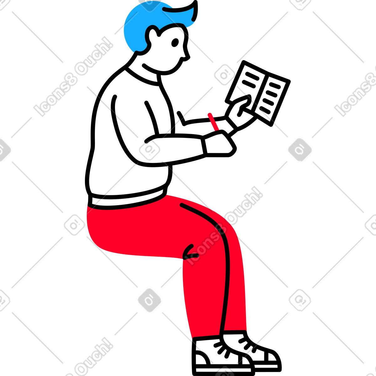 Sitting man is holding a book and writing something illustration in Transistor style download in PNG, SVG