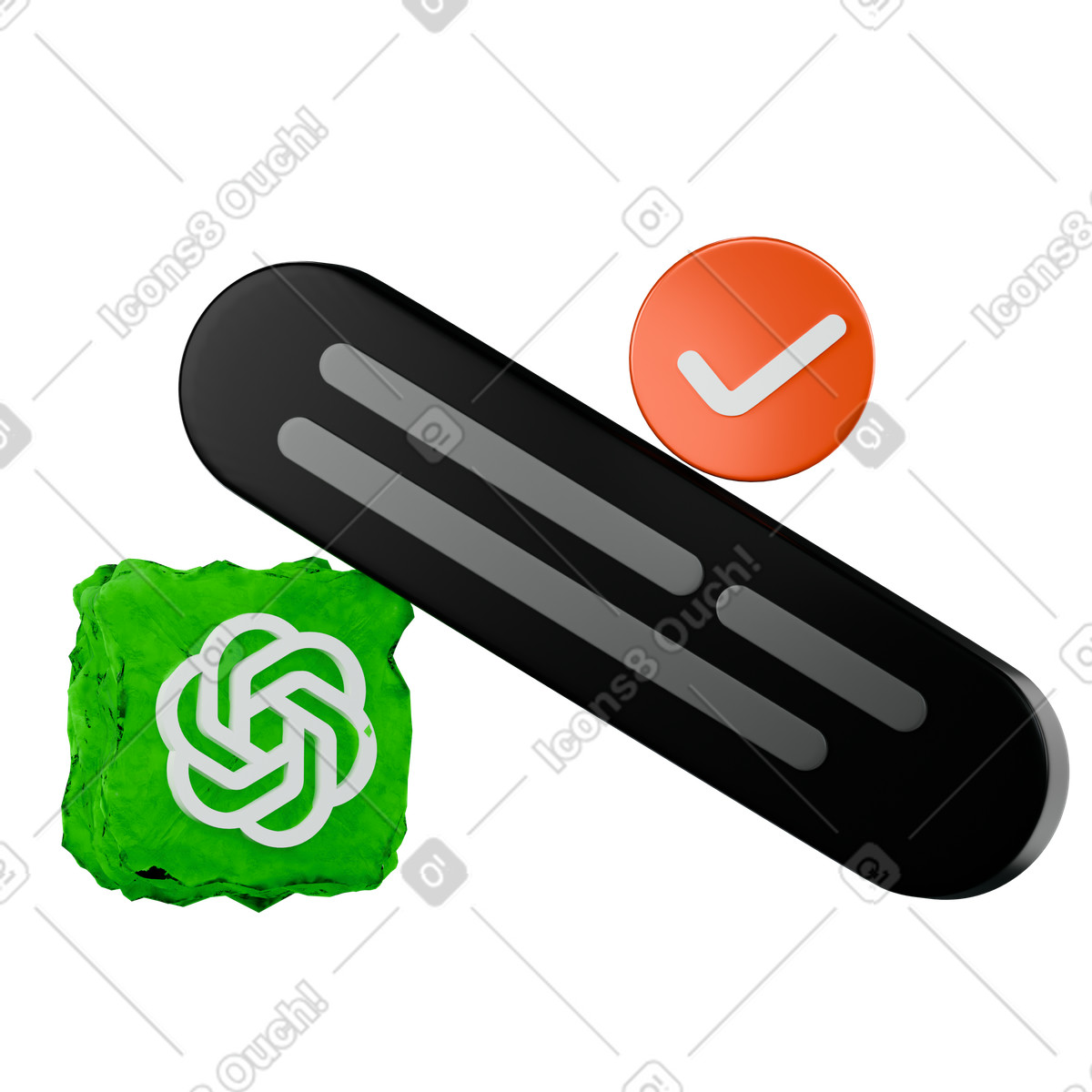 Messaggio di testo, logo chatgpt e segno spunta illustrazione in stile 3D Platforms scarica in PNG, SVG