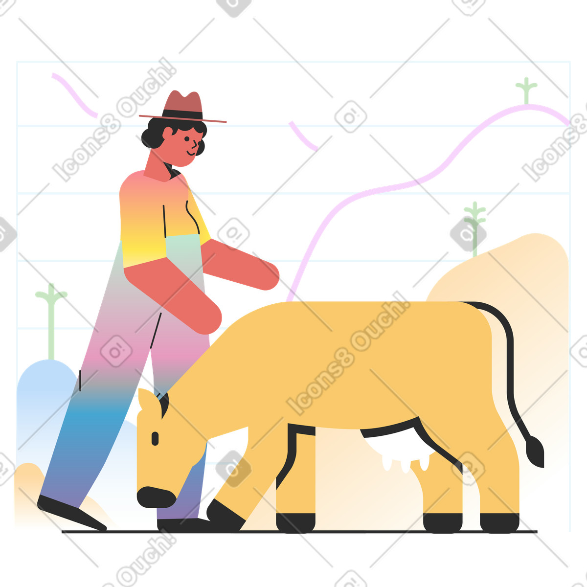 Una contadina si prende cura di mucca illustrazione in stile Marginalia scarica in PNG, SVG